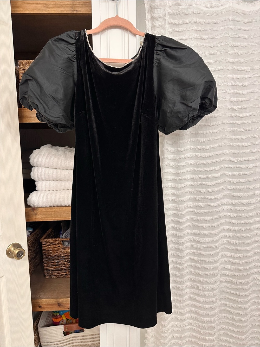 Karl Lagerfeld Black Velvet Midi Dress with Puff Sleeves